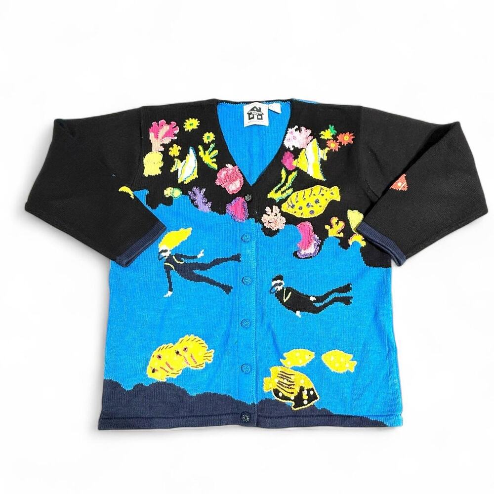 Vintage Storybook Knits Ocean Reef Cardigan Sweater Scuba Divers Coral Fish L